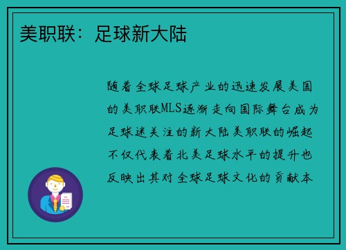 美职联:足球新大陆 美职联:足球新大陆