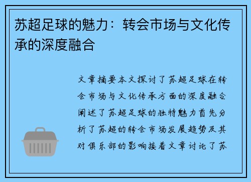 苏超足球的魅力:转会市场与文化传承的深度融合 苏超足球的魅力:转会市场与文化传承的深度融合